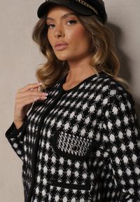 Renee - Czarny Wiskozowy Kardigan Ozdobiony Wzorem w Pepitkę i Guzikami Saveri. Kolor: czarny. Materiał: wiskoza. Wzór: aplikacja. Styl: retro, elegancki