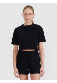 4f - 4F T-shirt crop top z waflowej dzianiny damski - czarny L. Okazja: na co dzień. Kolor: czarny. Materiał: dzianina. Długość rękawa: krótki rękaw. Długość: krótkie. Wzór: kratka, haft. Styl: sportowy, casual
