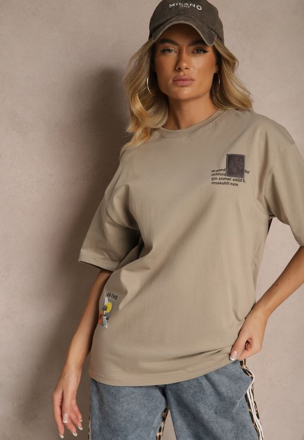 Renee - Beżowa T-shirt Koszulka Bawełniana z Nadrukiem Berriana. Okazja: na co dzień. Kolor: beżowy. Materiał: bawełna. Wzór: nadruk. Styl: casual