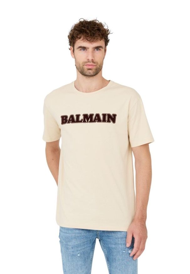 BALMAIN Beżowy męski t-shirt Retro Balmain Flock, Rozmiar XL. Kolor: beżowy. Styl: retro