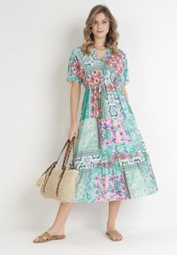 Born2be - Miętowo-Różowa Kwiecista Sukienka Midi z Gumką w Talii z Falbanką z Wiskozy Jazaria. Kolor: miętowy. Materiał: wiskoza. Sezon: wiosna, lato. Długość: midi #5