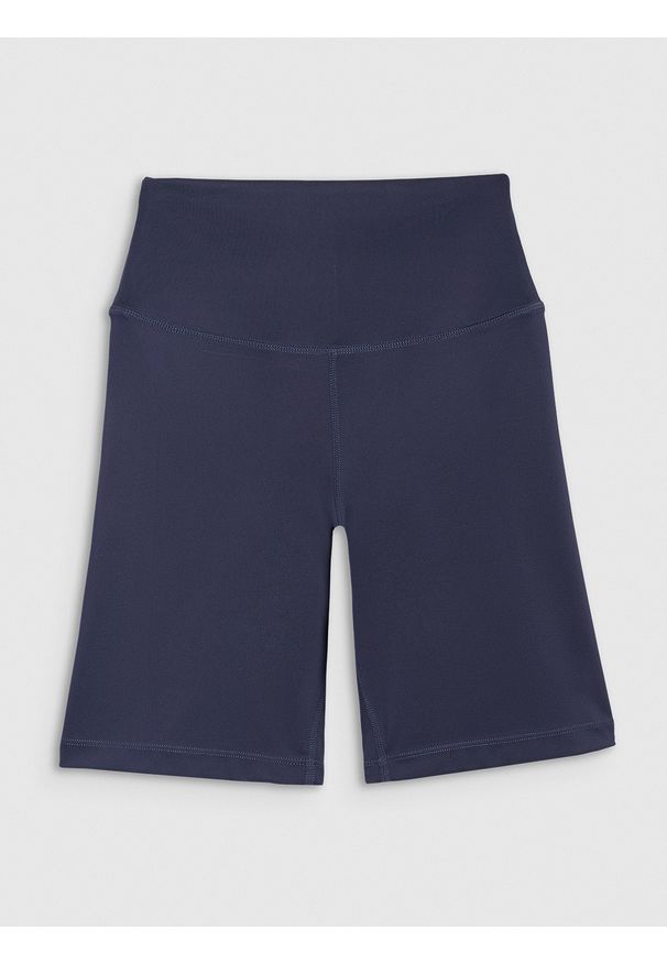 4f - 4F Legginsy kolarki treningowe damskie - granatowe S. Stan: podwyższony. Kolor: niebieski. Materiał: materiał, elastan, syntetyk, dzianina, włókno. Długość: krótkie. Wzór: ze splotem, gładki. Sport: fitness