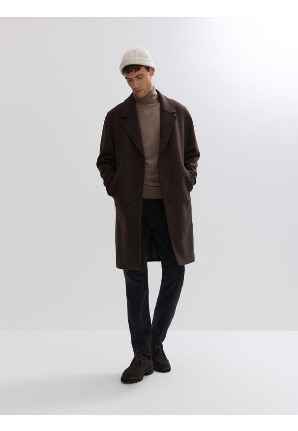 Reserved - Płaszcz z wełną - brązowy. Kolor: brązowy. Materiał: wełna