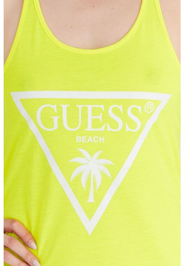 Guess - GUESS Żółta neonowa sukienka z trójkątnym logo. Kolor: żółty. Materiał: poliester. Wzór: nadruk