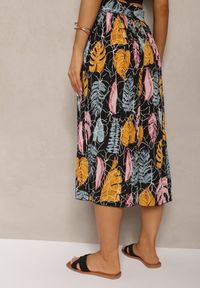 Renee - Czarno-Pomarańczowe Spodnie Szwedy z Bawełną High Waist Wykończone Gumką w Talii Pasefia. Okazja: na co dzień, do pracy. Stan: podwyższony. Kolor: czarny. Materiał: bawełna. Styl: elegancki, casual #5