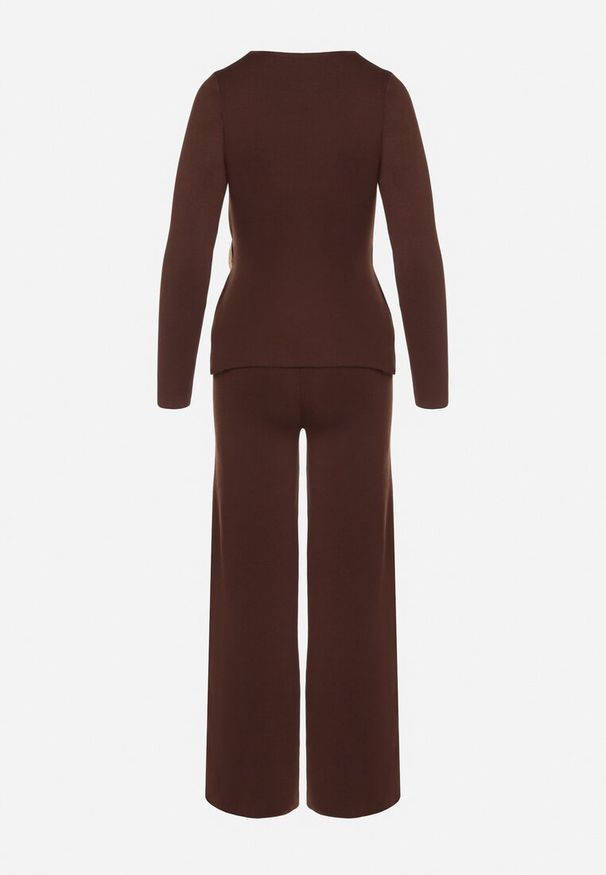Born2be - Brązowy Komplet z Wiskozą Kopertowy Sweter z Broszką i Szerokie Spodnie Esnna. Kolor: brązowy. Materiał: wiskoza