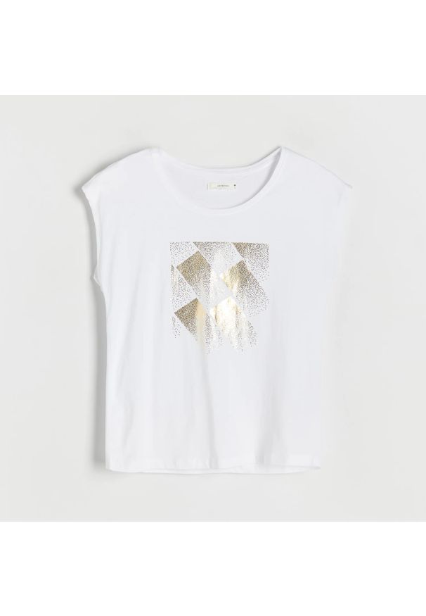 Reserved - T-shirt kimono z nadrukiem - Biały. Kolor: biały. Wzór: nadruk