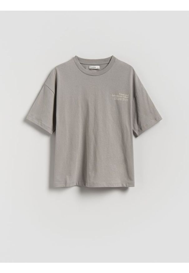 Reserved - Bawełniany t-shirt z nadrukiem - ciemnoszary. Kolor: szary. Materiał: bawełna. Wzór: nadruk