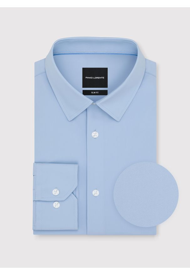 Pako Lorente - PAKO LORENTE – Niebieska dzianinowa koszula męska. Typ kołnierza: kołnierzyk klasyczny. Kolor: czarny, niebieski. Materiał: dzianina. Długość rękawa: długi rękaw. Długość: długie. Wzór: gładki. Styl: klasyczny