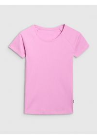 4f - 4F T-shirt regular z prążkowanej dzianiny damski - różowy L. Kolor: różowy. Materiał: dzianina, prążkowany