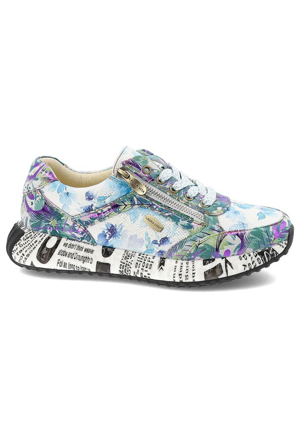 Niebieskie Sneakersy Laura Vita Eleganckie Obuwie Damskie Edycja Limitowana. Zapięcie: sznurówki. Kolor: biały. Materiał: materiał. Szerokość cholewki: normalna. Wzór: kwiaty, aplikacja, kolorowy. Styl: elegancki