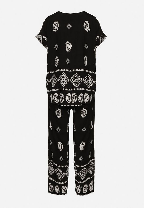 Born2be - Czarny Bawełniany Komplet Koszula i Szerokie Spodnie w Stylu Boho Ollirive. Kolor: czarny. Materiał: bawełna. Wzór: aplikacja