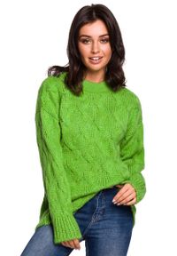 MOE - Zielony Ciepły Sweter z Półgolfem w Warkocze. Kolor: zielony. Materiał: poliester, wełna