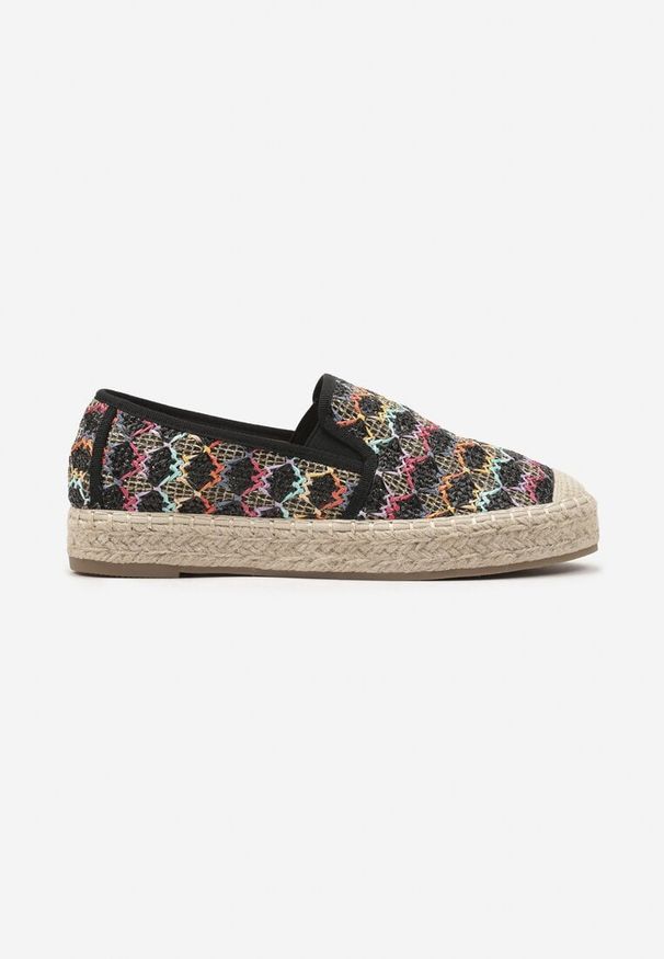 Renee - Czarne Espadryle Ozdobione Metaliczną Nitką na Podeszwie z Plecionki Raslira. Okazja: na co dzień. Kolor: czarny. Wzór: aplikacja. Styl: casual