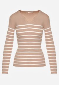 Renee - Beżowa Bluzka z Bawełną z Motywem Pasków i Guzikami Serisse. Okazja: na co dzień, do pracy, na spotkanie biznesowe. Kolor: beżowy. Materiał: bawełna. Wzór: paski. Styl: casual, biznesowy #6