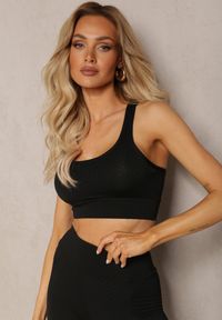 Renee - Czarny Elastyczny Top Biustonosz w Sportowym Stylu Refettia. Okazja: na co dzień. Typ kołnierza: kaptur. Kolor: czarny. Materiał: jeans. Długość rękawa: na ramiączkach. Styl: sportowy