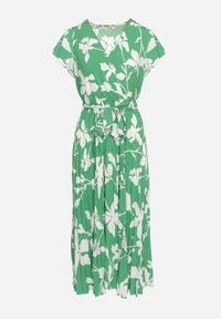 Born2be - Zielona Kopertowa Plisowana Sukienka z Gumką i Paskiem w Talii Denevia. Okazja: na co dzień. Kolor: zielony. Długość rękawa: krótki rękaw. Typ sukienki: kopertowe. Styl: casual #2