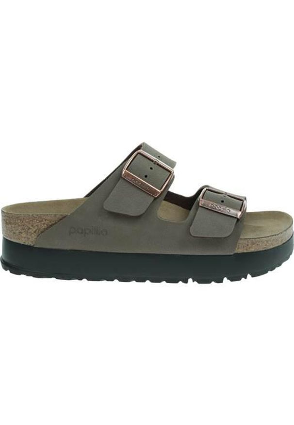 Klapki damskie Birkenstock Papillio Arizona Flex Platform. Zapięcie: klamry. Kolor: zielony. Materiał: guma, skóra. Obcas: na platformie. Sport: turystyka piesza
