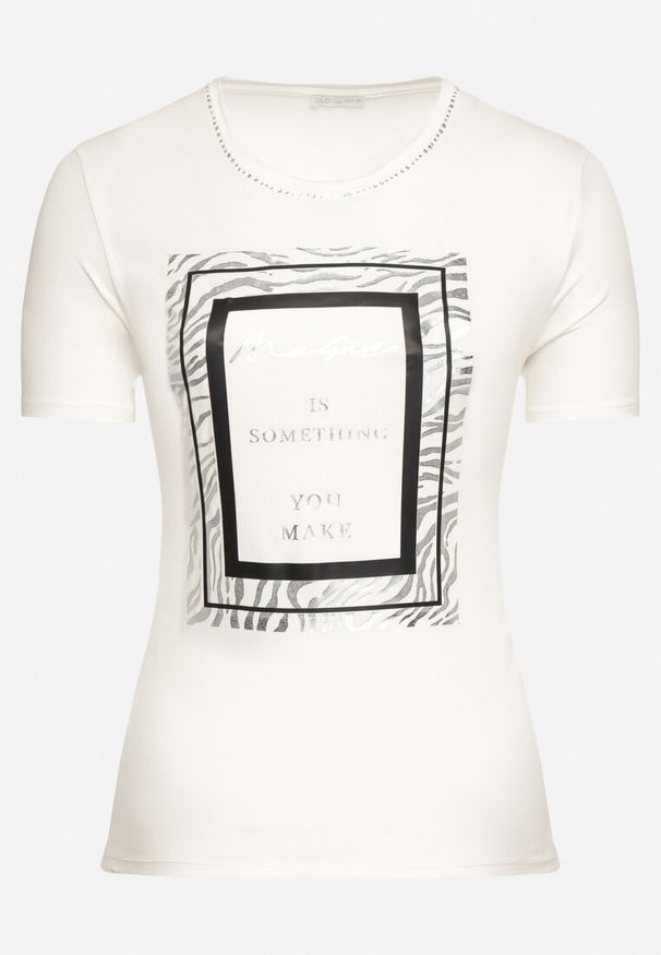 Born2be - Biały Bawełniany T-shirt Koszulka z Krótkim Rękawem Ozdobiona Nadrukiem i Cyrkoniami Codara. Okazja: na co dzień. Kolekcja: plus size. Kolor: biały. Materiał: bawełna. Długość rękawa: krótki rękaw. Długość: krótkie. Wzór: aplikacja, nadruk. Styl: casual