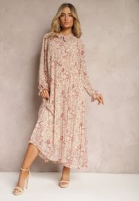 Renee - Jasnobeżowa Rozkloszowana Sukienka z Wiązaniem przy Szyi w Print Paisley Clarosa. Okazja: na spotkanie biznesowe. Kolor: beżowy. Długość rękawa: długi rękaw. Wzór: paisley, nadruk. Sezon: lato, wiosna. Styl: biznesowy