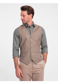 Ombre Clothing - Kamizelka męska garniturowa bez klap - beżowa V2. Kolor: beżowy. Materiał: tkanina, poliester. Wzór: gładki, jednolity. Styl: elegancki #4