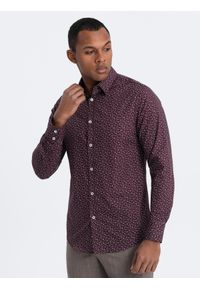 Ombre Clothing - Koszula męska bawełniana we wzory SLIM FIT - bordowa V5. Kolor: czerwony. Materiał: bawełna. Styl: klasyczny #7