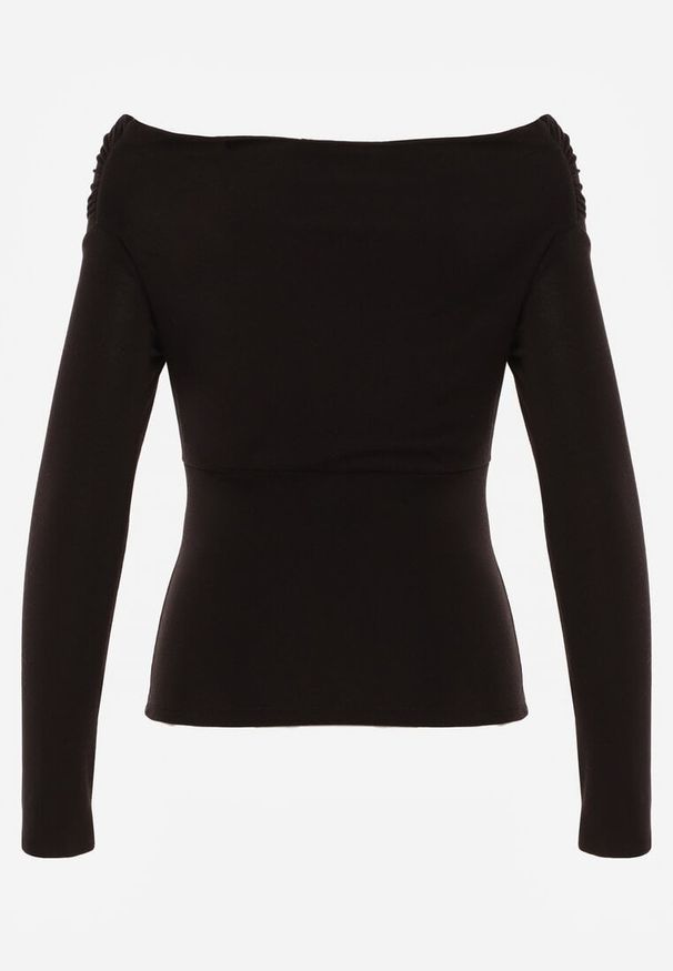 Born2be - Czarna Bluzka z Bawełną Dekoltem Typu Łódka i Marszczeniem Typhatos. Okazja: na co dzień. Kolor: czarny. Materiał: bawełna. Styl: casual, elegancki