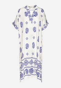 Born2be - Niebiesko-Kremowa Wiskozowa Sukienka Boho o Pudełkowym Kroju z Rozcięciami Nelbia. Okazja: na co dzień. Typ kołnierza: dekolt w serek. Kolor: niebieski. Materiał: wiskoza. Styl: boho #5