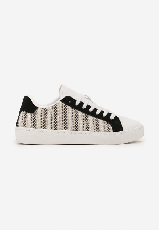 Born2be - Biało-Czarne Sneakersy z Ekoskóry ze Sznurowaniem i Wstawką w Kratę Fibrusa. Okazja: na co dzień. Kolor: czarny. Materiał: materiał. Wzór: aplikacja
