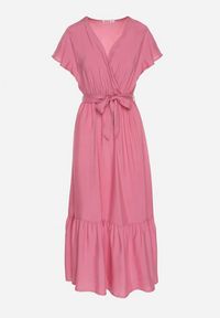 Born2be - Różowa Wiskozowa Sukienka z Kopertowym Dekoltem z Paskiem Savorlisse. Okazja: na co dzień. Kolor: różowy. Materiał: wiskoza. Wzór: aplikacja. Typ sukienki: kopertowe. Styl: casual, klasyczny #4