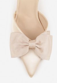Renee - Beżowe Szpilki o Satynowym Wykończeniu z Aplikacją w Kształcie Kokardy Gihaen. Okazja: do pracy. Kolor: beżowy. Materiał: satyna. Wzór: aplikacja. Obcas: na szpilce #9