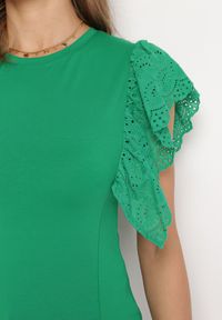 Born2be - Zielona Bawełniana Bluzka z Haftowanym Materiałem na Rękawach Alvine. Kolor: zielony. Materiał: materiał, bawełna. Wzór: haft #6