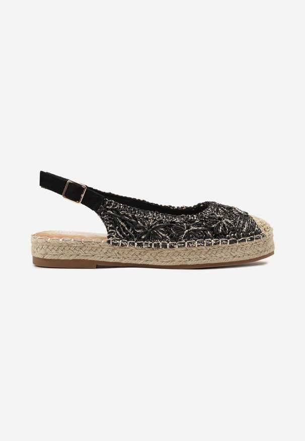 Born2be - Czarne Espadryle na Płaskiej Plecionej Podeszwie z Ażurową Cholewką Sousi. Okazja: na imprezę. Kolor: czarny. Materiał: len. Szerokość cholewki: normalna. Wzór: ażurowy. Sezon: lato. Styl: elegancki
