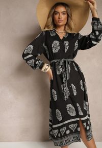 Renee - Czarna Sukienka Koszulowa Wiązana w Pasie w Stylu Boho Rorisha. Kolor: czarny. Materiał: tkanina. Typ sukienki: koszulowe. Styl: boho