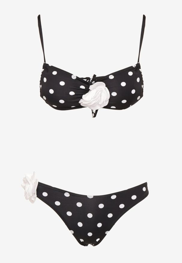 Renee - Białe Bikini w Grochy z Kwiatowymi Aplikacjami Biustonosz i Figi Loritia. Kolor: biały. Materiał: jeans. Wzór: aplikacja, grochy, kwiaty