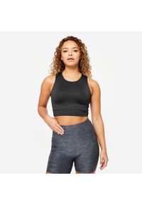 DOMYOS - Koszulka fitness damska Domyos bez rękawów crop top. Kolor: czarny. Materiał: materiał, poliester, elastan. Długość rękawa: bez rękawów. Sport: fitness