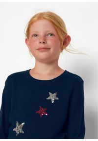 bonprix - Sweter z dzianiny o splocie drobnych oczek, z cekinami. Kolor: niebieski. Materiał: dzianina. Długość rękawa: długi rękaw. Długość: długie. Wzór: ze splotem #2