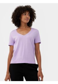 4f - T-shirt regular z dodatkiem bawełny organicznej damski. Kolor: fioletowy. Materiał: bawełna #2