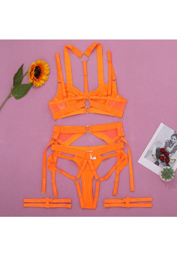 Intica - Komplet bielizny z pasem do pończoch regulowane zapięcia Dalija. Kolor: pomarańczowy. Materiał: materiał. Wzór: paski