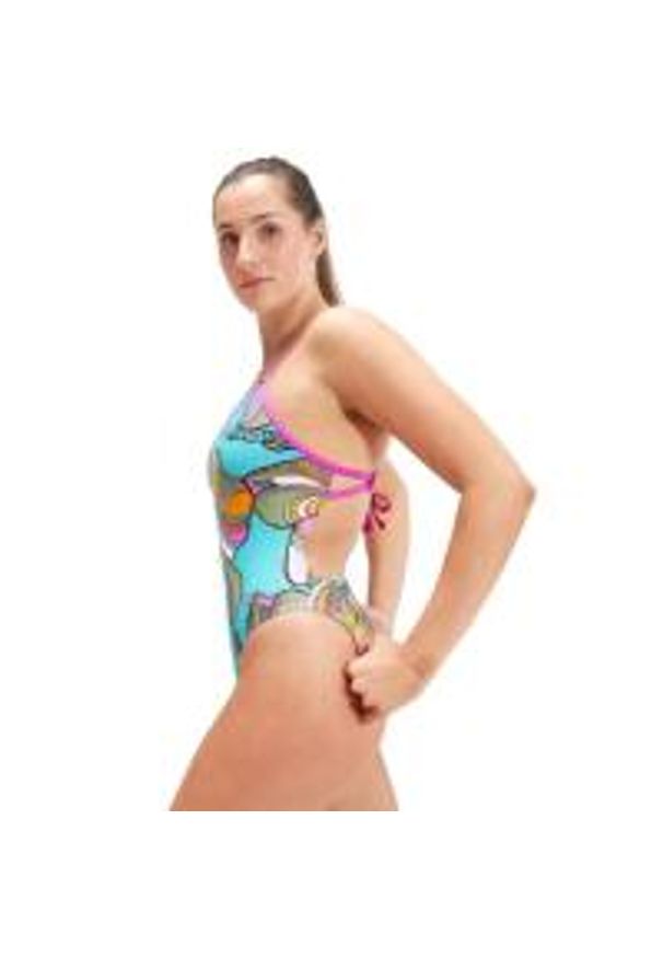 Strój Kąpielowy Speedo Digital Tie Back – Aqua/Fioletowy/Zielony – Rozmiar 38. Kolor: niebieski. Wzór: nadruk