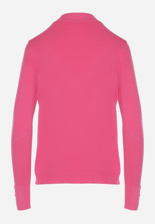 Born2be - Fuksjowy Dopasowany Golf z Aplikacjami przy Dekolcie i Rękawach Unella. Typ kołnierza: golf. Kolor: różowy. Materiał: jeans. Wzór: aplikacja. Styl: elegancki