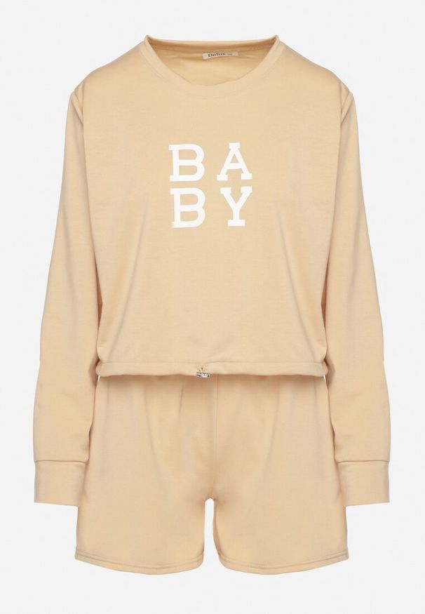 Born2be - Beżowy 2-Częściowy Komplet Dresowy Bluza z Nadrukiem i Luźne Szorty z Kieszeniami Ridana. Kolor: beżowy. Materiał: dresówka. Wzór: nadruk