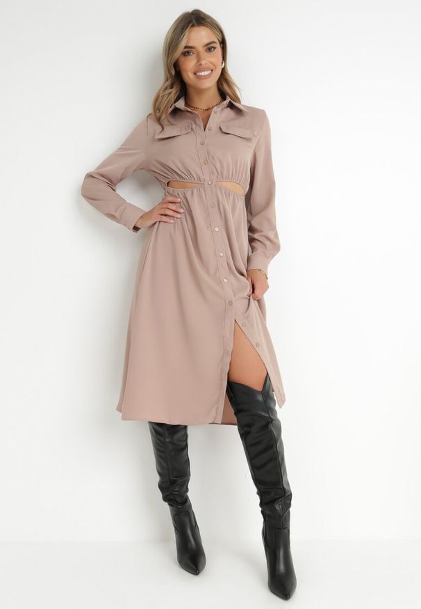 Born2be - Beżowa Sukienka Koszulowa Pildia. Okazja: na co dzień. Kolor: beżowy. Materiał: tkanina. Długość rękawa: długi rękaw. Typ sukienki: koszulowe. Styl: elegancki, casual. Długość: midi