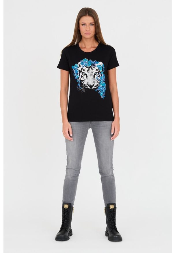 Guess - GUESS Czarny damski t-shirt bawełniany z printem, Rozmiar M. Kolor: czarny. Materiał: bawełna. Wzór: nadruk