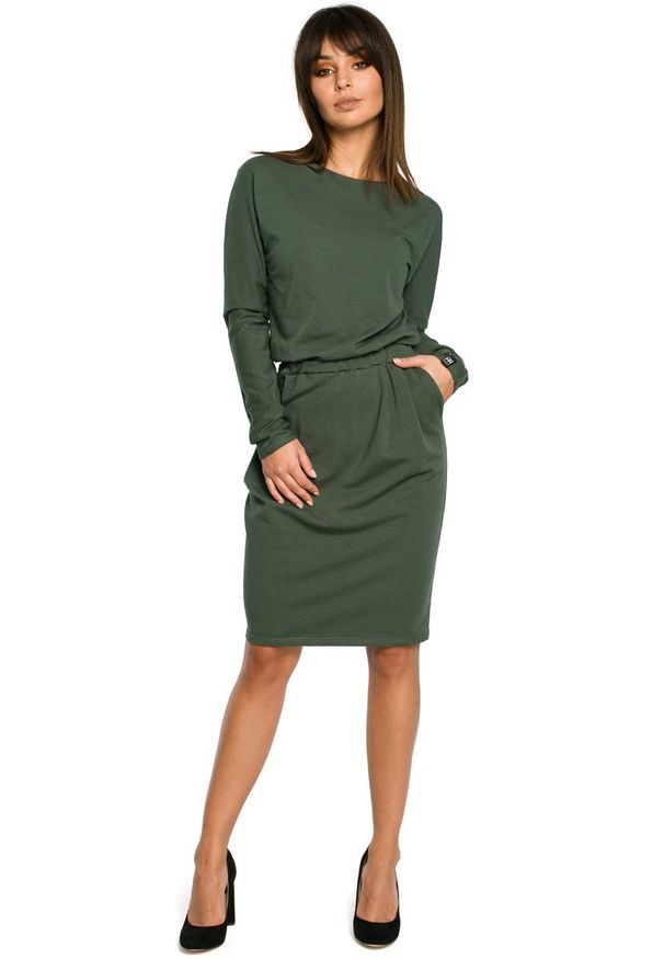 MOE - Zielona Sukienka z Gumką w Pasie. Kolor: zielony. Materiał: bawełna, elastan