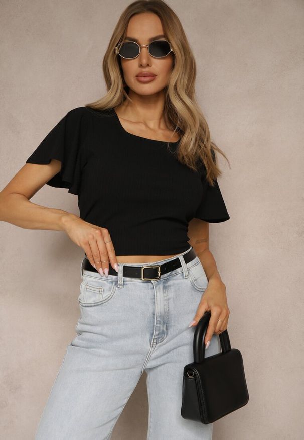 Renee - Czarna Bluzka z Rozkloszowanymi Rękawami Sunelva. Okazja: na co dzień. Kolor: czarny. Materiał: jeans. Styl: elegancki, casual