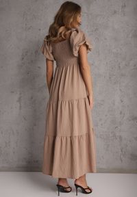 Renee - Beżowa Sukienka z Wiskozy o Rozkloszowanym Kroju z Bufiastymi Rękawkami Rosena. Kolor: beżowy. Materiał: wiskoza. Długość rękawa: krótki rękaw. Sezon: lato. Typ sukienki: rozkloszowane. Długość: maxi #4