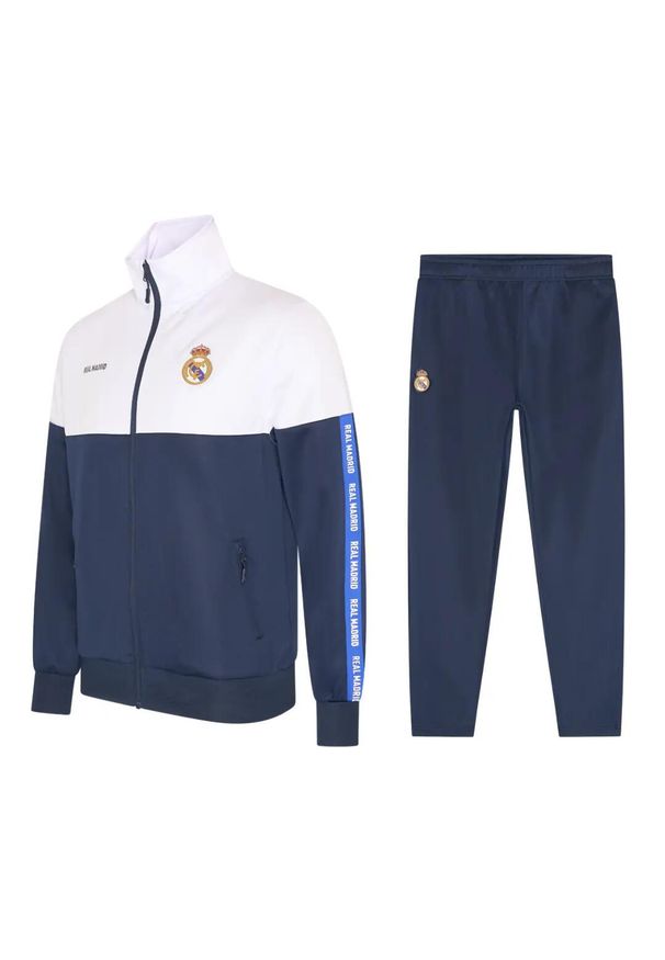 Dres piłkarski dziecięcy Real Madrid 24/25. Kolor: niebieski, wielokolorowy, biały. Materiał: dresówka. Styl: sportowy, młodzieżowy, elegancki