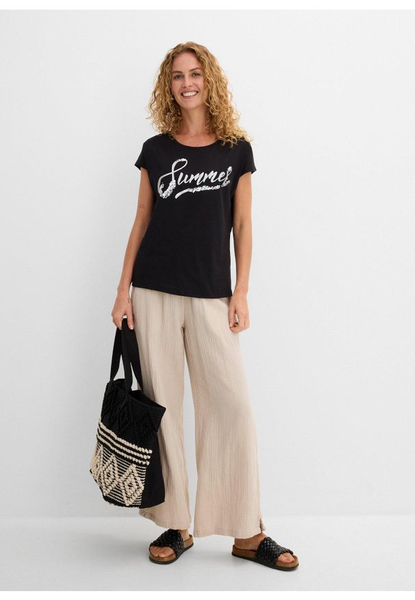 bonprix - Shirt z cekinami. Kolor: czarny. Wzór: napisy