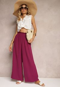Renee - Bordowe Spodnie High Waist z Szerokimi Nogawkami i Gumką w Pasie Risabessa. Okazja: na co dzień. Stan: podwyższony. Kolor: czerwony. Styl: elegancki, casual